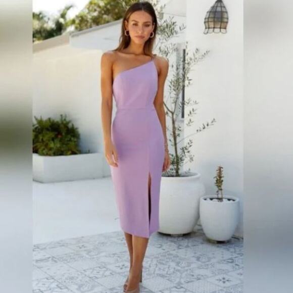 Hello Molly | NWT Taking It Back Midi Dress One Shoulder Strappy Slit Lilac XS - Picture 2 of 13